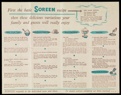 For pastries, trifles, fruit dishes, cereals, savouries, ices... Soreen milk-whipping compound : recipes : always use a clean dry spoon to take Soreen from carton / John B. Sorenson & Co. Ltd.