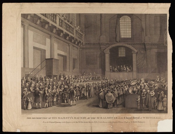 King George III dispensing Maundy money. Engraving by James Basire, 1777, after S.H. Grimm, 1773.