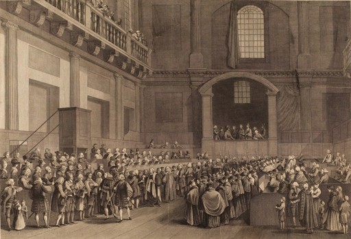 King George III dispensing Maundy money. Engraving by James Basire, 1777, after S.H. Grimm, 1773.