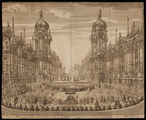 view Stage set and performance of 'Costanza e fortezza' in Prague castle. Etching by A. Birckhard after G. Galli Bibiena, 1723.