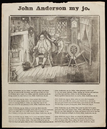 John Anderson and his wife seated by a fire in a modest house; a cat sleeping on a stool in front of the chimney. Woodcut after R. Burns, 18--.