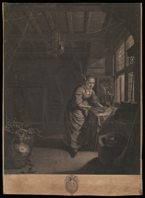view A room in a house in North-Holland, in which a young woman cuts a root vegetable next to the window. Line engraving by P.G. Langlois, 1782, after D. van Tol.