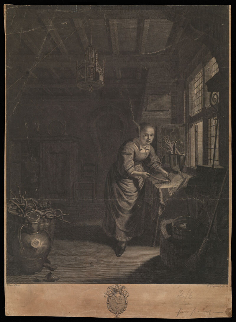 A room in a house in North-Holland, in which a young woman cuts a root vegetable next to the window. Line engraving by P.G. Langlois, 1782, after D. van Tol., [1782?], by Domenicus van Tol