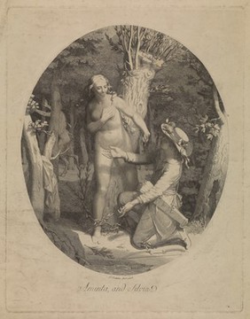 Aminta declares his love for the wood nymph Sylvia. Etching by P. Bettelini.