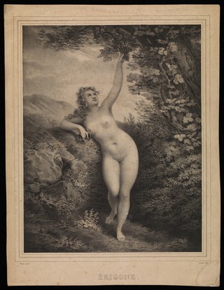 Erigone, ensnared by Dionysus, reaching for grapes on a vine. Lithograph by B.-R. Julien, 1835, after L. Poyet.