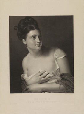 A young woman, taken by surprise, covers her breasts. Stipple engraving with etching by W. Roffe after C.-M. Dubufe.