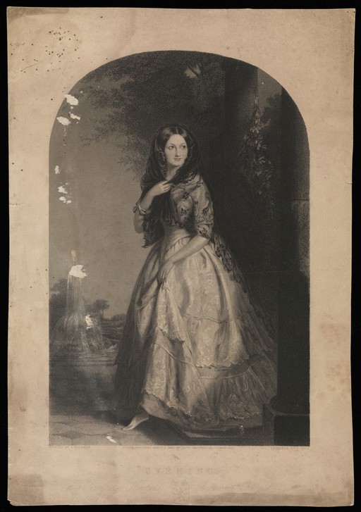 A young woman, stepping out from a colonnade into a park with a fountain; representing evening. Engraving by Francis Holl, 1848, after A. Solomon.