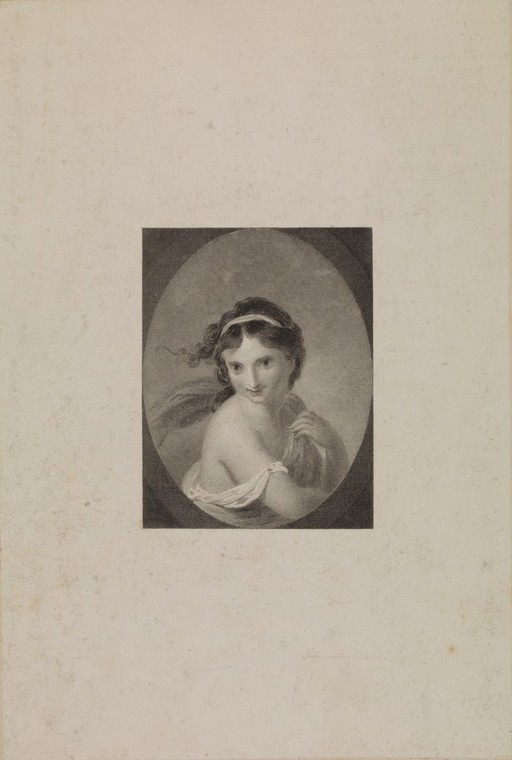 A young woman, holding her garment at the shoulder with her left hand. Engraving by James Mitchell after R. Smirke.