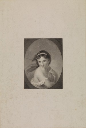 view A young woman, holding her garment at the shoulder with her left hand. Engraving by James Mitchell after R. Smirke.