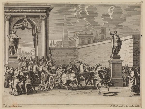 Tullia running over her father Servius Tullius in her chariot. Etching by J. Le Pautre.