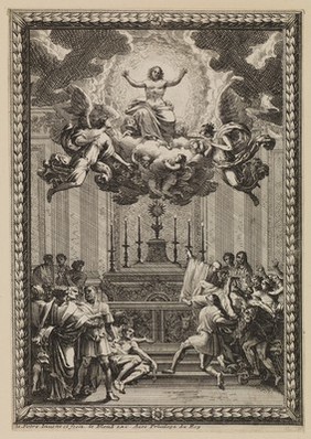 An altar to which a paralysed man and an insane man have been brought for a cure. Etching by J. Le Pautre, 16--.