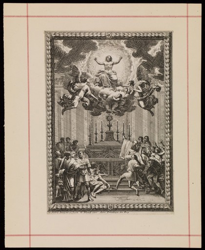 An altar to which a paralysed man and an insane man have been brought for a cure. Etching by J. Le Pautre, 16--.
