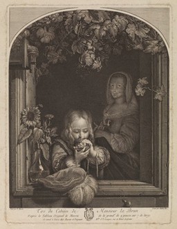 A boy blowing bubbles. Engraving by Mathieu Blot, 17--, after F. van Mieris.