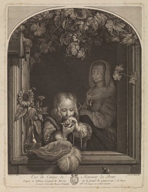 view A boy blowing bubbles. Engraving by M. Blot, 1792, after F. van Mieris.