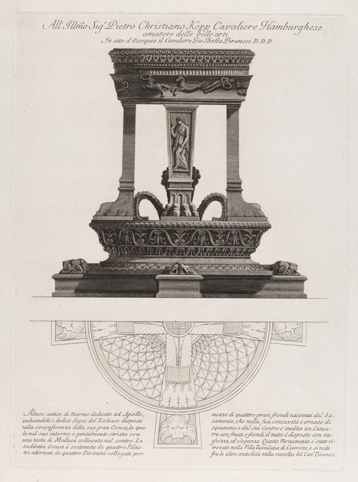 A marble altar to Apollo. Etching by G.B. Piranesi. Elevation and plan of the altar. The signs of the zodiac are shown in relief around the outside of the bowl. According to Piranesi, the altar came from Cicero's villa in Tusculum, near Rome, and was in Piranesi's own collection