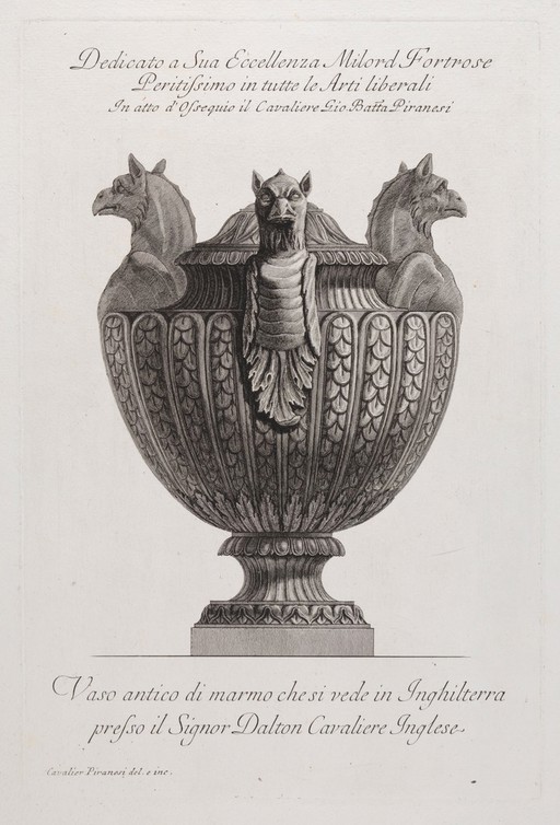 A marble vase. Etching by G.B. Piranesi. The vase has four handles in the form of eagles' heads.