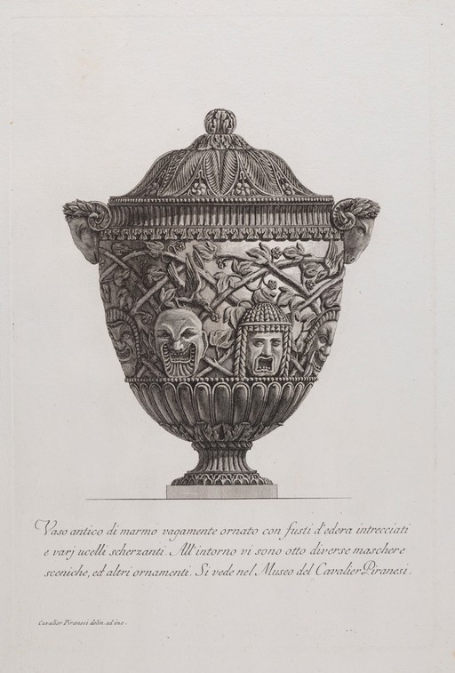A marble vase. Etching by G.B. Piranesi. The body of the vase is decorated with relief sculptures of theatrical masks against a trellis of ivy.