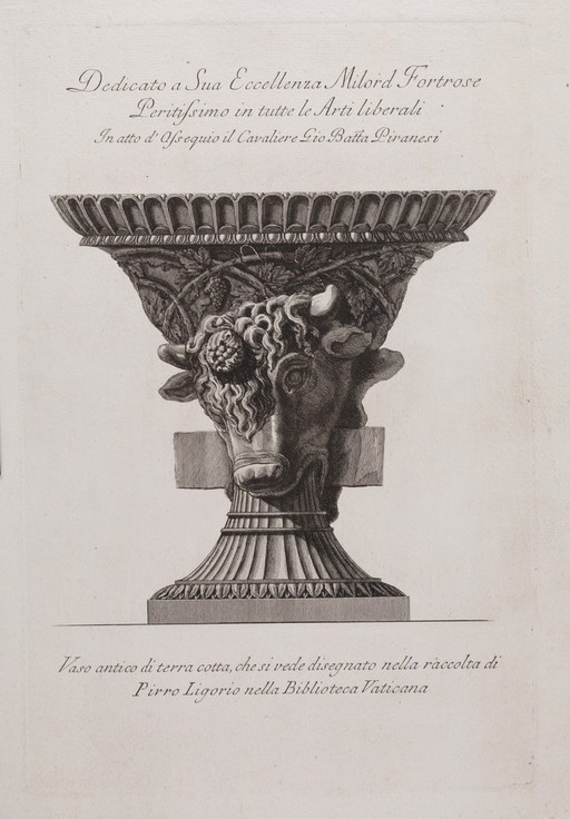 A terracotta vase. Etching by G.B. Piranesi. Decorated with bulls' heads against a trellis of vines.