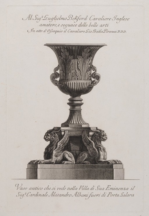 A marble vase. Etching by G.B. Piranesi. A vase with dolphin handles, placed on a base guarded by winged sphinxes.
