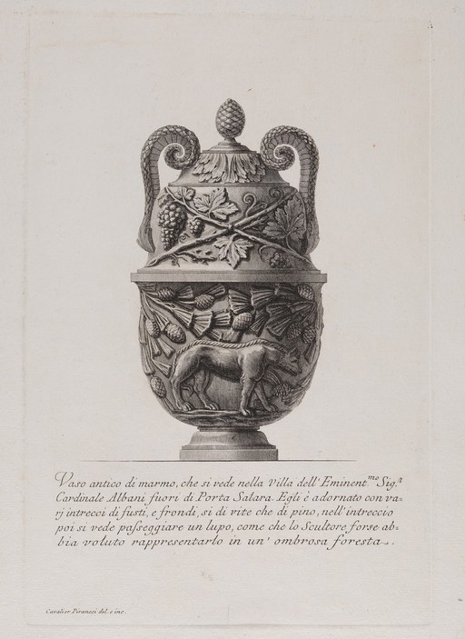 A marble vase. Etching by G.B. Piranesi. On the body of the vase, reliefs depicting vines (above) and (below) a wolf against a background of pines as if the sculptor had wished to show the wolf walking through the shadows of a forest.