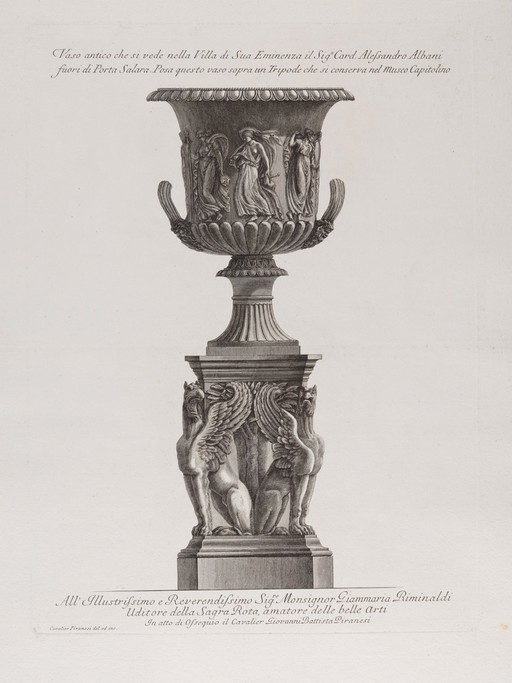 A marble vase on a tripod. Etching by G.B. Piranesi. A vase carved with young women in procession, placed on a tripod guarded by gryphons.