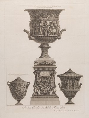 view Three marble vases and a sarcophagus. Etching by G.B. Piranesi, ca. 1770.