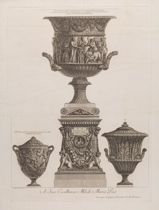 Three marble vases and a sarcophagus. Etching by G.B. Piranesi, ca. 1770.