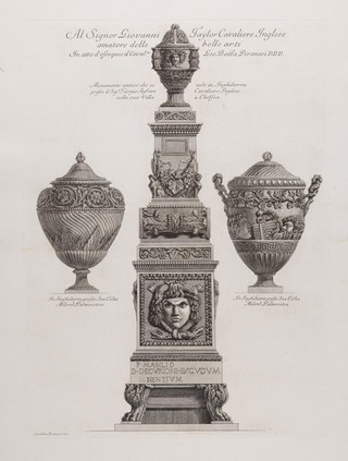 A marble vase placed on a pedestal on top of a sarcophagus; and two other vases. Etching by G.B. Piranesi, ca. 1770.