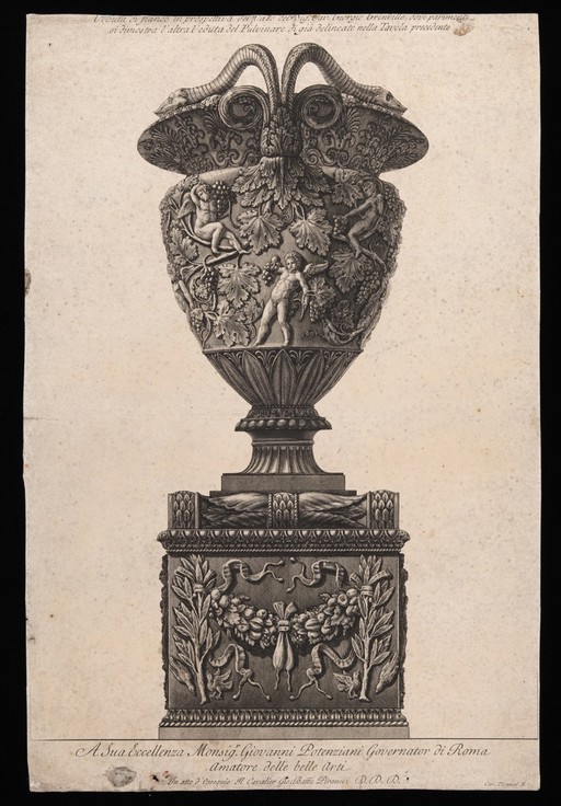 A marble vase placed on a pedestal. Etching by G.B. Piranesi. The vase is equipped with snake handles and carved with cupids plucking grapes among vines.