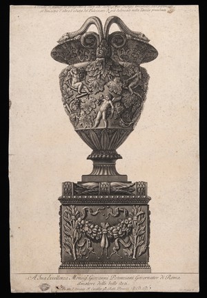 view A marble vase placed on a pedestal. Etching by G.B. Piranesi, ca. 1770.