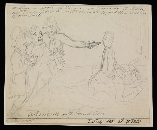 The apparent revival of a dead man by galvanism. Drawing attributed to G.M. Woodward.