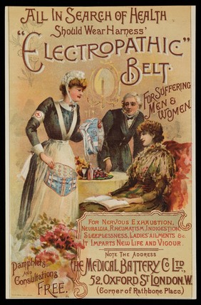 All in search of health should wear Harness' electropathic belt : for suffering men & women : for nervous exhaustion, neuralgia, rheumatism, indigestion, sleeplessness, ladies ailments &c. it imparts new life and vigour / The Medical Battery Co., Ltd.