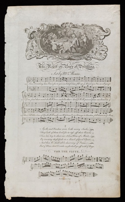 A drinking song set to music with an illustration of a drunken party. Engraving and etching by G. Bickham junior, 17--, after G. Monro and W. Hogarth.