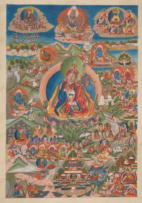 Guru Rinpoche (Padmasambhava). Gouache painting by a Tibetan artist.