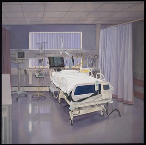 view An intensive care unit in a hospital. Oil painting by R. Priseman, 2004.