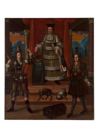 Personifications of medicine, pharmacy and surgery. Oil painting after (?) Nicolas de Larmessin.