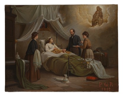 A woman in bed in a sick-room, attended by a physician, receiving the blessing of the Madonna del Parto. Oil painting by R. Pistoni, 1872.