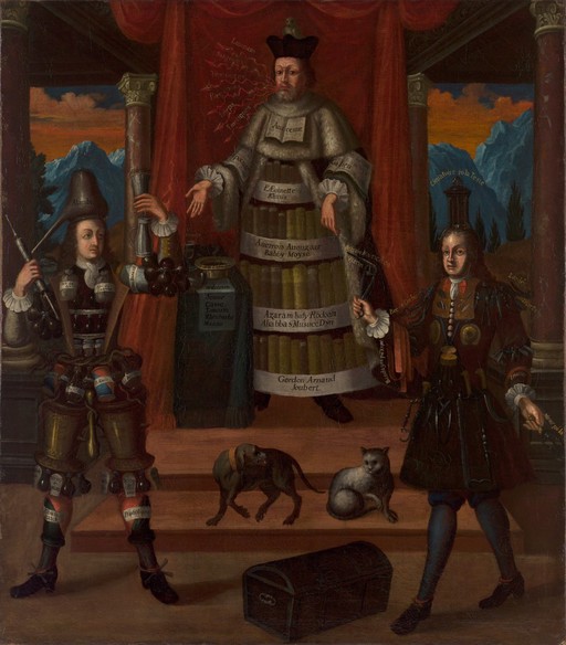 Personifications of medicine, pharmacy and surgery. Oil painting after (?) Nicolas de Larmessin II (1638-1694).
