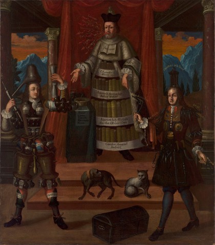 Personifications of medicine, pharmacy and surgery. Oil painting after (?) Nicolas de Larmessin.