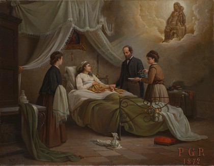 A woman in bed in a sick-room, attended by a physician, receiving the blessing of the Madonna del Parto. Oil painting by R. Pistoni, 1872.