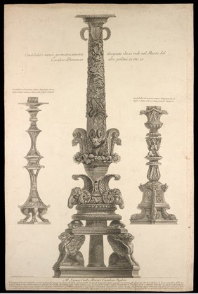 Three marble candelabras. Etching by G.B. Piranesi, ca. 1770.