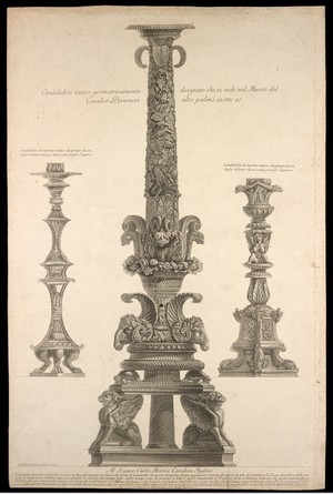 view Three marble candelabras. Etching by G.B. Piranesi, ca. 1770.