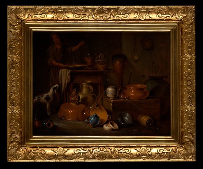 Pharmaceutical vessels: still life with a man and a dog. Oil painting by Giovan Domenico Valentino.