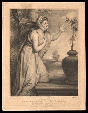 Emma Hamilton in an attitude towards a mimosa plant, causing it to demonstrate sensibility. Stipple engraving by R. Earlom, 1789, after G. Romney.