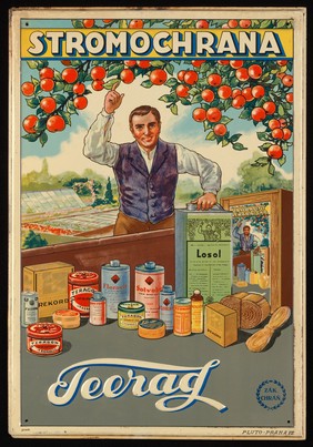 A fruit farmer advertising fruit-tree protection with insecticides produced by the firm of Teerag. Colour embossed metal, 19--.