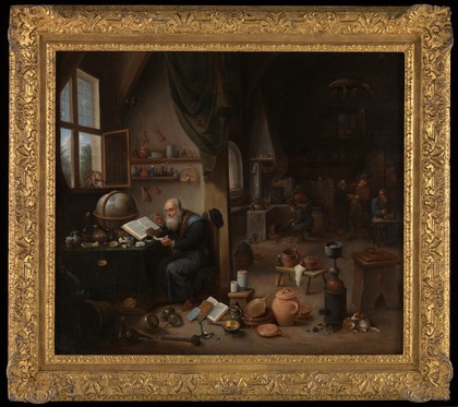 An alchemist in his laboratory. Oil painting by a follower of David Teniers the younger.