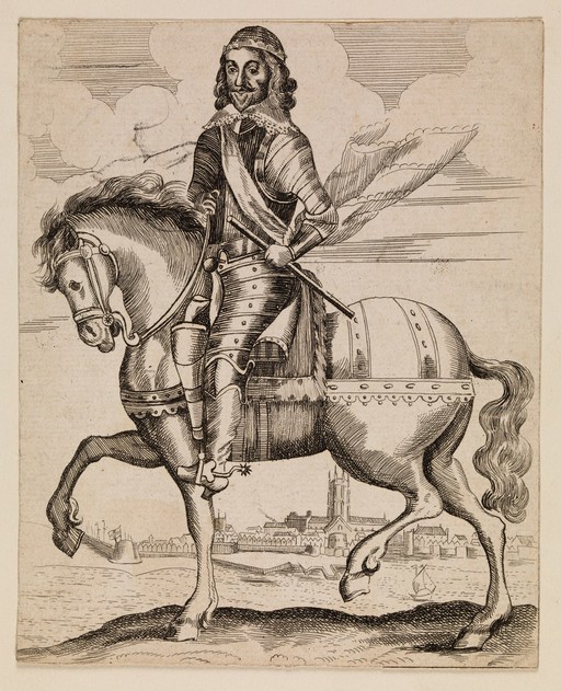 King Charles I on horseback. Engraving.