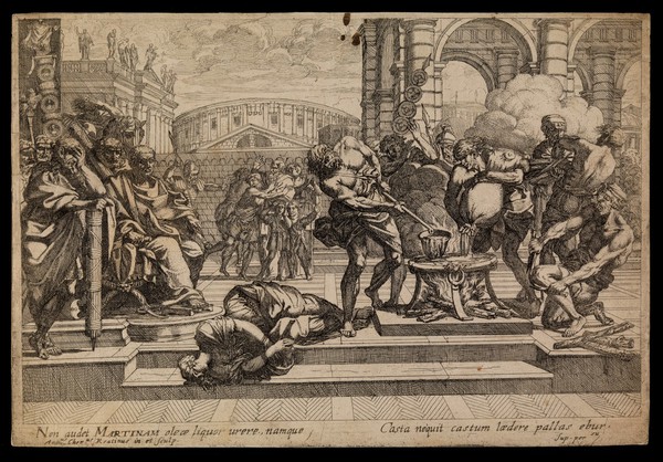 Saint Martina: her martyrdom. Etching by A. Gherardi, 166-.