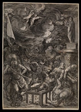 Saint Laurence of Rome: his martyrdom. Line engraving by C. Cort after Titian, 1571.