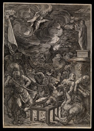 view Saint Laurence of Rome: his martyrdom. Line engraving by C. Cort after Titian, 1571.